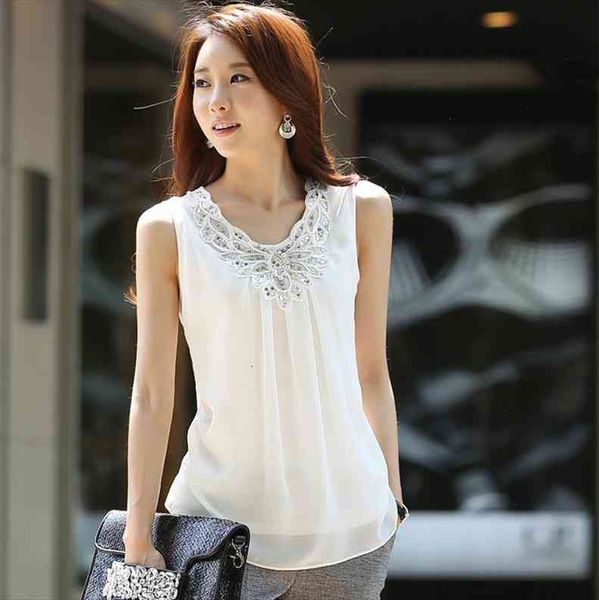 

fashion white sleeveless beaded women shirts lace chiffon plus size s-6xl