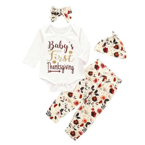 

jumpsuits born infant baby boy girl thanksgiving clothing long sleeve print romper floral pants headband hat 4pcs outfit set 0-24m, Blue