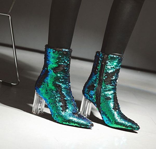 

size 32 to 43 gold sier sequnied ankle bootie luxury designer women boots clear heels christmas party nightclub shoes 8.5cm, Black