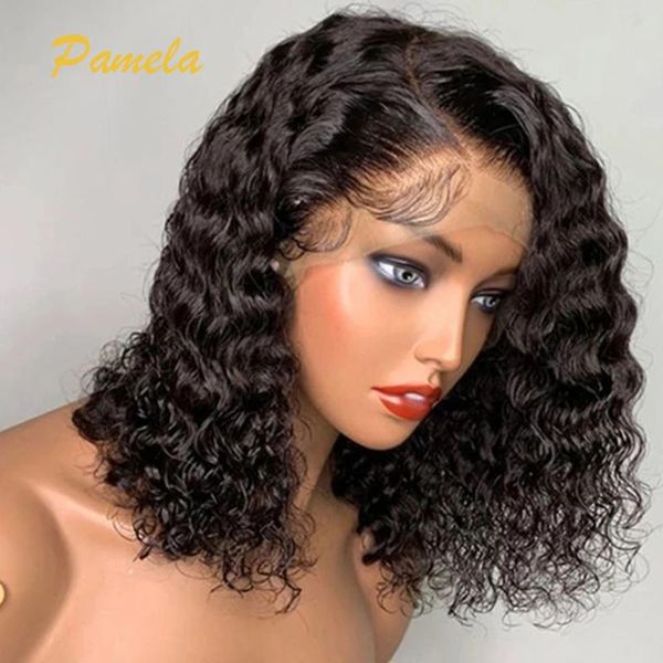 

lace wigs short curly bob summer human hair wig 4x4 closure pre plucked with baby for black women 180% remy front, Black;brown