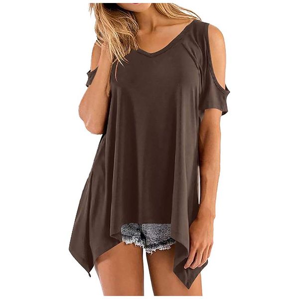 

women's blouses & shirts irregular plus size clothes for ladies summer cold shoulder solid color v-neck short-sleeved shirt camisas de, White