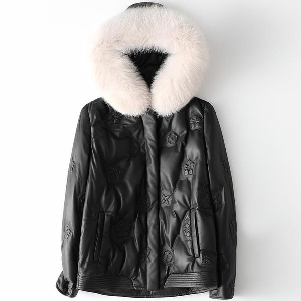 

women's leather & faux fall fashion collar hooded down jacket women casual sheepskin coat winter warm thick genuine fur, Black