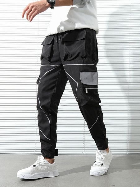 

men contrast reflective panel cargo pants c7ch#, Black