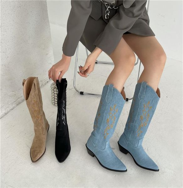 

boots dxfan 41 size mixed colors geometric pattern western cowboy high women 2021 slip on med heel knee riding shoes, Black