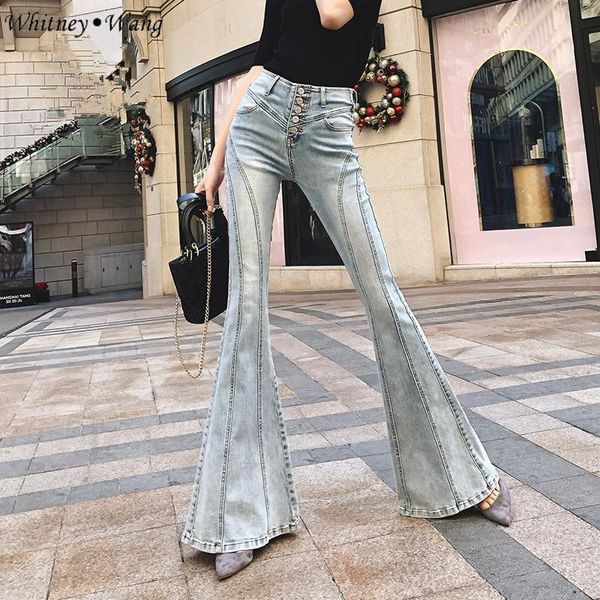 

women's jeans whitney wang 2021 spring autumn fashion streetwear vintage style high waist boot cut women stylish denim pants, Blue