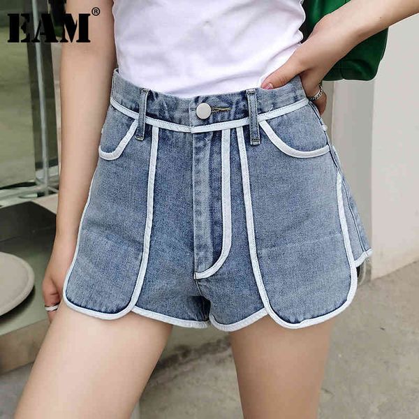 

[eam] women blue denim burr personality wide leg shorts high waist loose fit trousers fashion spring summer 1dd6397 21512, White;black
