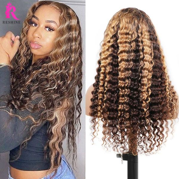 

lace wigs reshine deep wave human hair 180% curly highlight 13x4 hd transparent front preplucked wig, Black;brown