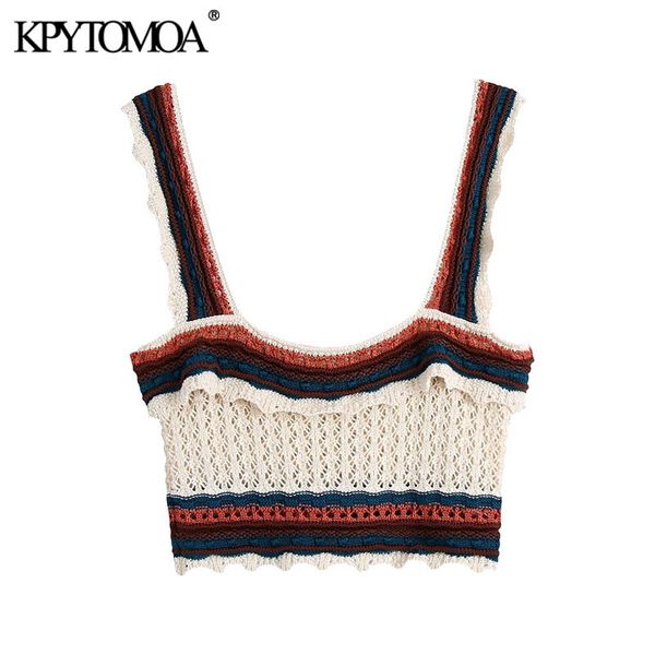 

women fashion with ruffles crochet knitted tank vintage square collar wide straps female camis mujer 210416, White