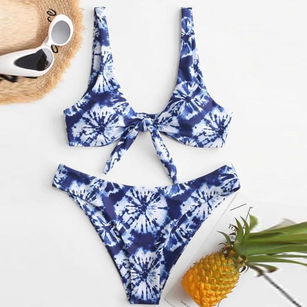 

women's swimwear woman bikini 2021 fashion blue knot printed beachwear two-piece bathing suit push up swimsuit, White;black
