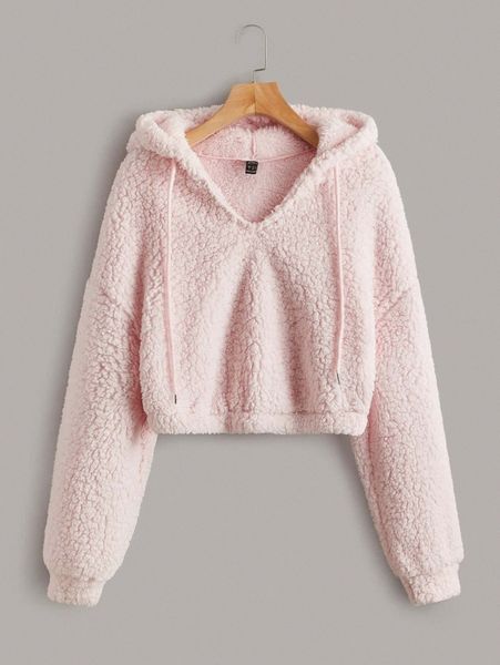 

drop shoulder drawstring teddy hoodie a47y#, White;black
