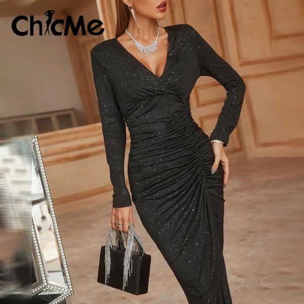 

casual dresses chicme women glitter v-neck padded shoulder high slit ruched party dress black long sleeve maxi elegant robe longue femme, Black;gray