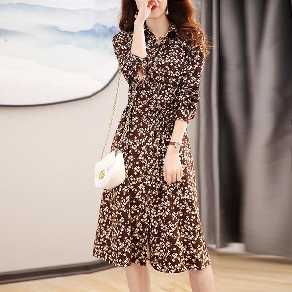 

casual dresses plus size women spring autumn chiffon single breasted printed turn down collar long sleeve a line lace up slim elegant dress, Black;gray