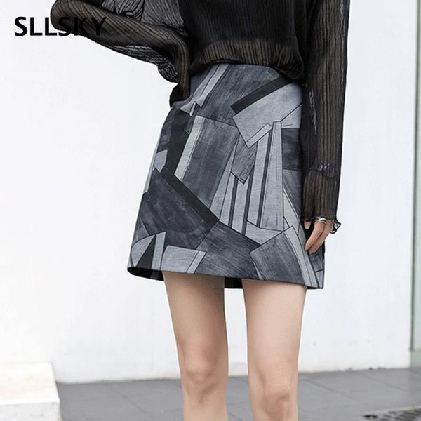 

skirts sllsky casual retro irregular printing skirt women summer high waist hip wrap mini zipper skinny slim female, Black