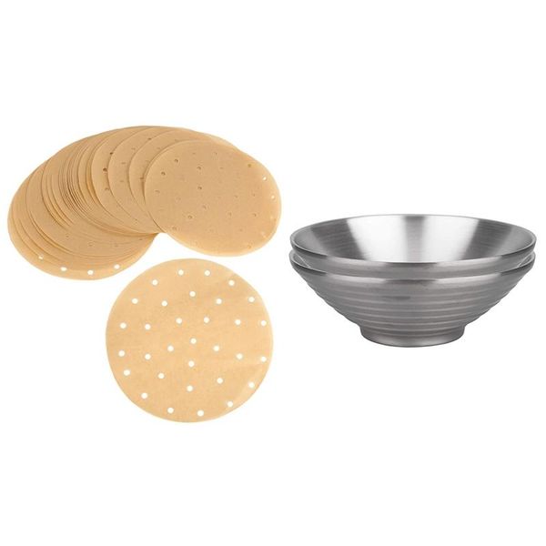 

100pcs 22.8cm bamboo steamer liners,silicone oil paper rounds & 2 pcs double wall bowls salad bowl serving