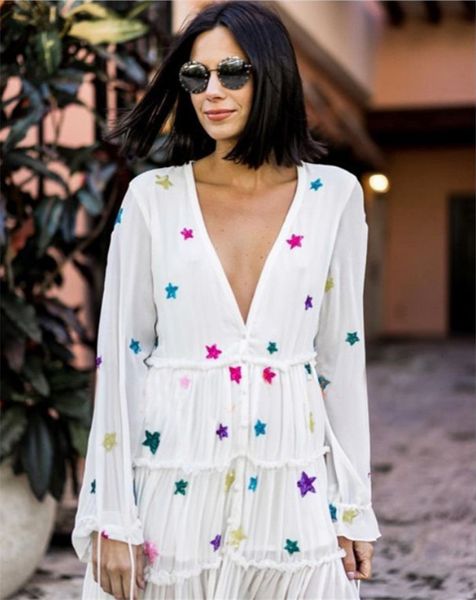 

a line bohemian v neck embroidery star long sleeve ankle-length single-breasted button maxi white and balck women es holiday, Black;gray