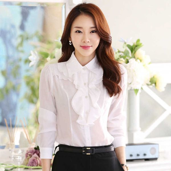 

korean women shirts chiffon blouses woman ruffles blouse office lady long sleeve plus size white 210604
