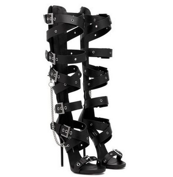 Scarpe eleganti per la cintura della catena in metallo con fibbia gladiatore ginocchio sandali più alto stivali stivali romani tallone da stiletto