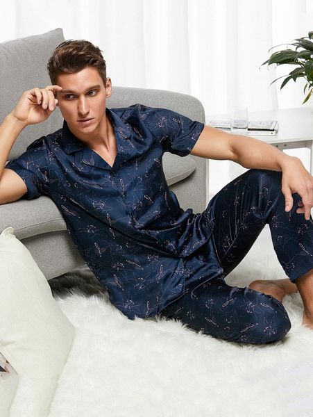

men satin floral print pj set r8np#, Black;brown