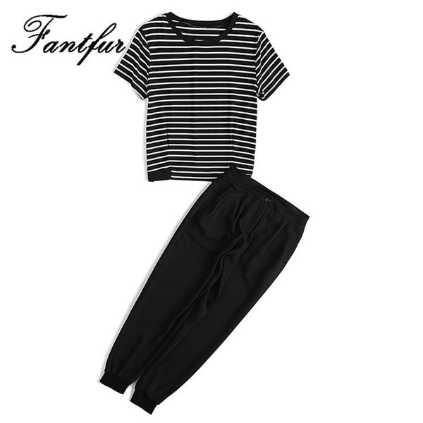 

women's suits & blazers fantfur two piece sets clothing black white stripes short sleeve t shirt and harem pants, White;black