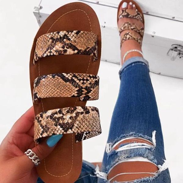 

slippers ladies snakeskin pattern solid color 2021 fashion wild beach shoes non-slip flat outdoor, Black