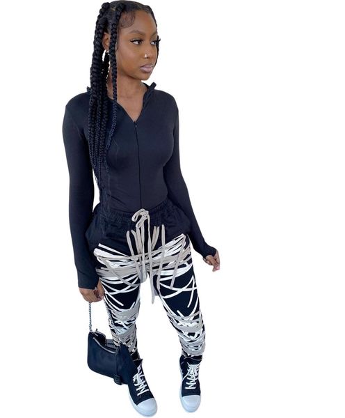 

sweat suit women two piece outfits black long sleeve tunic bandage pants dance casual k-pop style matching sets fall clothes 210525, White