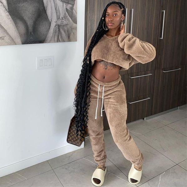 

women's two piece pants camel double fleece sets autumn winter warm outfits long sleeve loose crop and drawstring thicken trouser, White