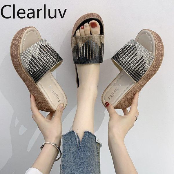 

platform wedge sandals heels casual slides rhinestone sponge cake ladies slippers black and white non-slip flip flops size 35-39 dress shoes