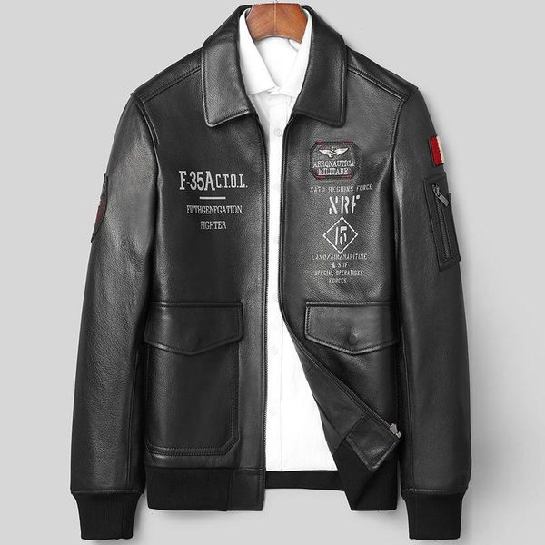 

men's leather & faux 2021 genuine jacket man real sheepskin coat brand bomber moto outdoor windbreaker korean fashion light luxury clot, Black