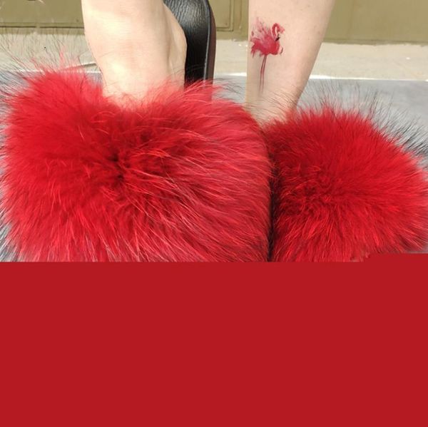 

summer fluffy raccoon fur slippers shoes women real flip flop flat furry slides outdoor sandals woman amazing, Black