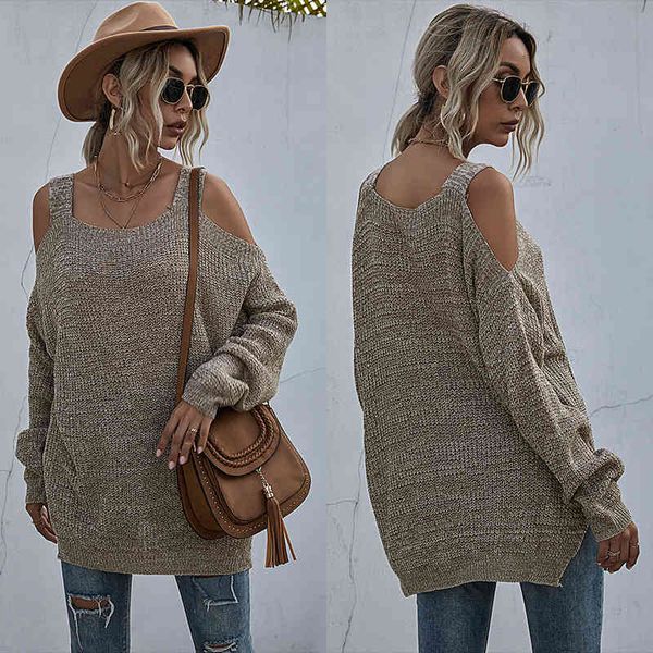 

women's sweater . solid color knitting square ne loose off shoulder bottom long sleeve autumn winter 2021, White;black