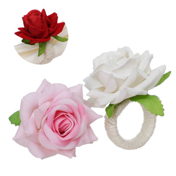 Portatovagliolo con fiore di rosa di San Valentino Simulazione romantica Fibbia per tovagliolo con champagne Decorazione creativa per la tavola intrecciata con corda di canapa