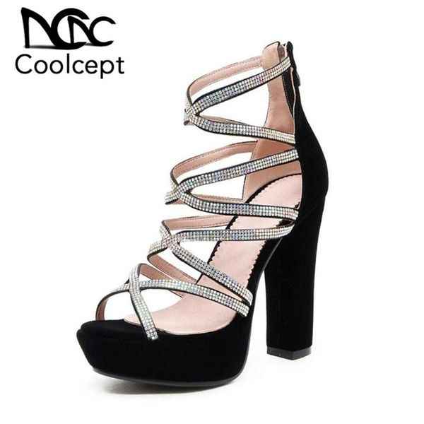 

coolcept bling crystal sandals women gladiator high heels shoes zipper open toe platform summer party size 33-43, Black