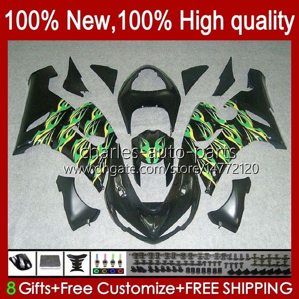 Bodys para Kawasaki Ninja ZX 6R 600CC 6 R Zx636 ZX600C ZX6R 05 06 Bodywork 7No.70 ZX 636 ZX-600 ZX-636 600 CC 05-06 ZX600 ZX-6R 2005 2006 Fairings OEM Green Flames