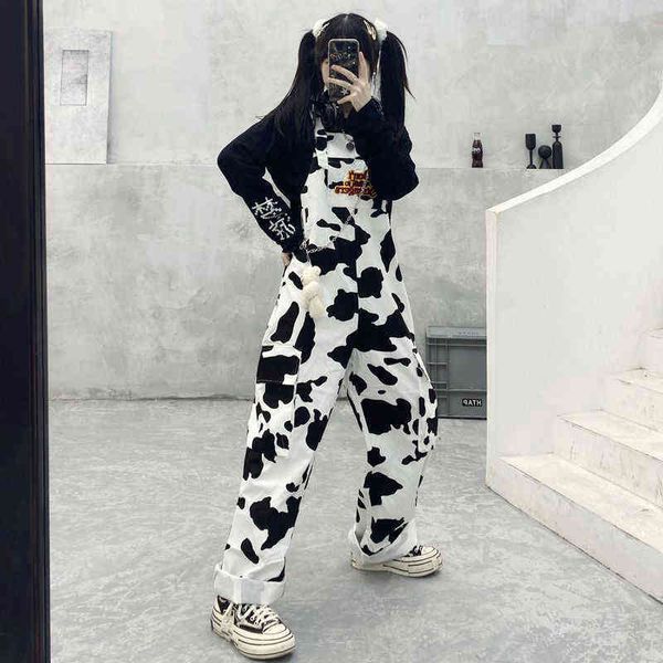 

houzhou hippie cow print jumpsuits harajuku patterned trousers korean style overalls casual baggy wide leg pants spring 211124, Black;white