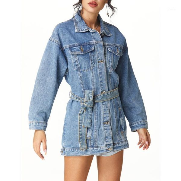 

women's jackets autumn winter demin clothes women slim jeans lace up coat retro long denim loose casual jacket outwear pocket, Black;brown
