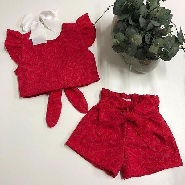 

clothing sets 1-5years fashion summer toddler kids girls clothes ruffles sleeve hollow t-shirts +bowknot shorts casual sunsuit outfits, White
