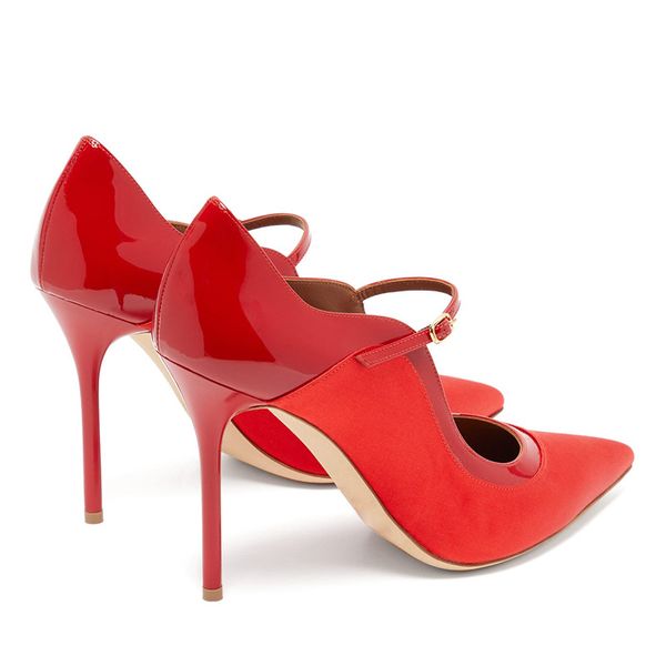 

fashion european and american large size womens foreign trade original order black red pointed satin stitching patent leather high heel
