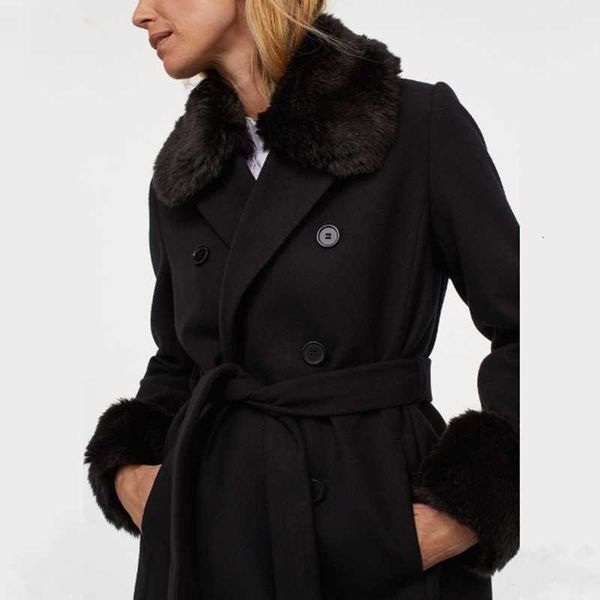 

women's wool & blends malina faux fur collar coats women fashion loose double breasted jackets elegant tie belt female ladies js uz51, Black