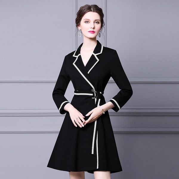 

black dress the autumn and winter feminine inside suit collar wear a belt thin a-line casual dresses, Black;gray