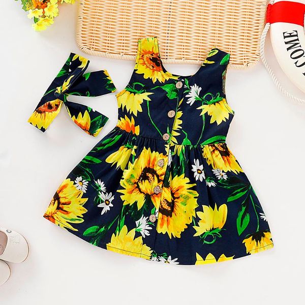

children's sleeveless sunflower print skirt dress hair tie set toddler girls dress+headband outfits girl's dresses, Red;yellow