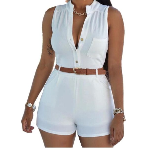 

women's jumpsuits & rompers women playsuits and v-neck summer sleeveless overalls button female bodysuits feminino with belt, Black;white