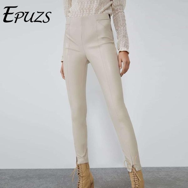 

women's pants & capris winter thick pu leather women elastic high waist zipper skinny joggers streetwear long pencil trousers, Black;white