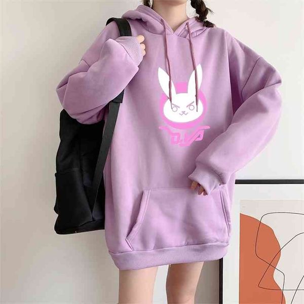 Kawaii Cosplay Orecchie di Coniglio OW D.va DVA Autunno Felpe Inverno Moda Donna Harajuku Felpa con cappuccio Casual Felpa Donna 210803