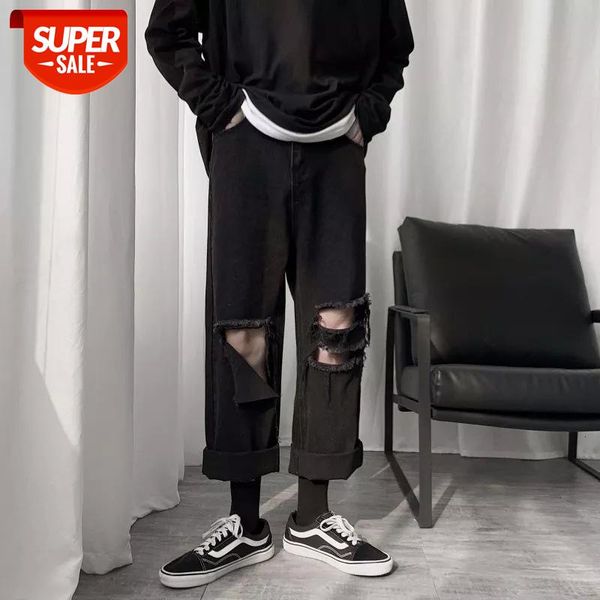 

men's burr holes baggy casual pants cargo pocket wash jeans black color fashion retro loose wide leg biker denim trousers #cf25, Blue