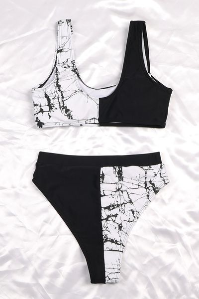 

high waist marble print bikinis set mujer patchwork swimsuit women swimwear female sport bathing suit biquini newby