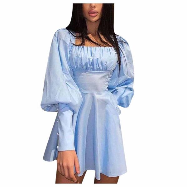 

casual dresses 2021 vintage elegant autumn square collar mini pleated dress women lantern sleeve ruched wrap chest short vestidos a-line, Black;gray