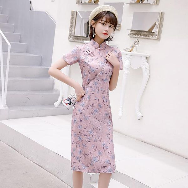 

daily women print knee-length cheongsam vintage mandarin collar chinese dress 2021 spring prom straight qipao gown skirt -3xl ethnic clothi, Red