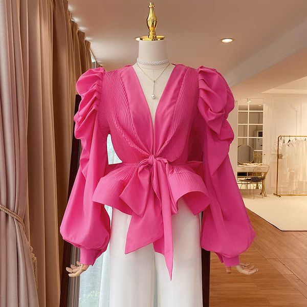 

fabpop spring summer long puff sleeve v neck ruffles drawstring slim shirt women gb133 210709, White