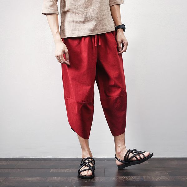 

men's pants cotton linen mens harem summer male casual calf-length solid big pocket baggy trousers sa-8 zeg5, Black