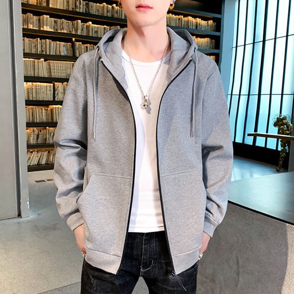 

men's hooded cardigan sweater autumn winter leisure sports solid color plush thickened cotton coat printed and embroidered, Black
